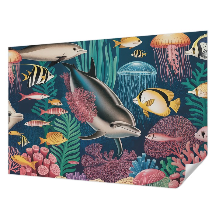 Öntapadós Tapéta Falra, Wallfluent, Víz alatti állatvilág, Tengerészkék, 152 x 104 cm, Dekoráció, Klasszikus, 010170060180000284728