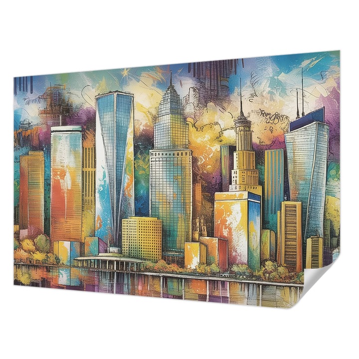Tapet Autocolant De Perete, Wallfluent, Panorama orasului, Albastru, 152 x 104 cm, Pentru Sufragerie, Dormitor, 010170060180000285005