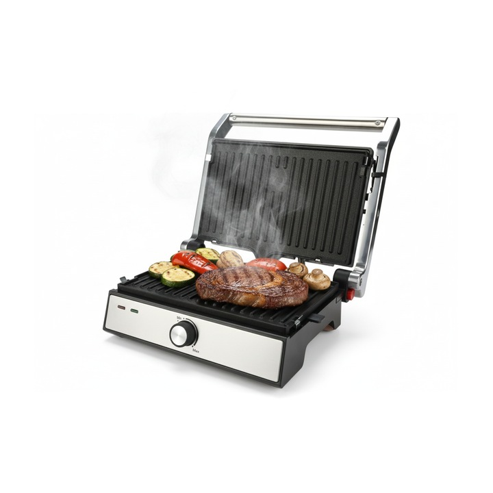 iHunt Bro Dual Grill XXL elektromos grill, 1500W, 180°-ban nyitható BBQ funkció, kivehető tapadásmentes lapok, állítható termosztát, csepptálca, Silver