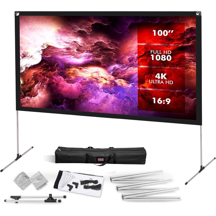 Ecran de proiectie Pyle 100" 16:9 portabil, usor, pliabil, design exterior, culoare alba