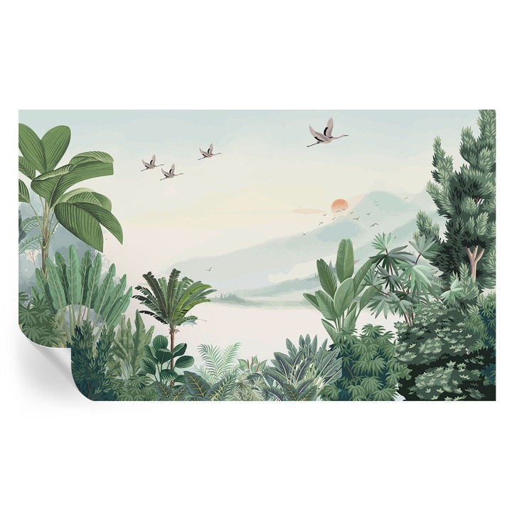 Tapet Textil Autocolant, Tulup, Oaza tropicala, Verde, 416 x 254 cm, Decorativ, Rezistente La Apa, Umiditate Si Pete, 010170060070000282726