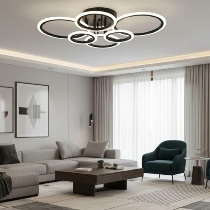 Lustra LED 6 Cercuri cu Telecomanda, Neagra, Metal/Acril, Dimensiuni variate