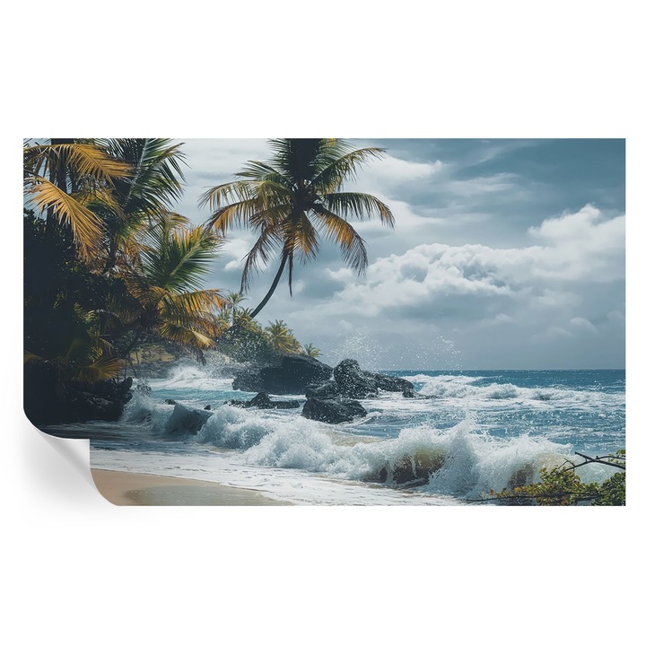 Tapet Textil Autocolant, Tulup, Plaja exotica, Albastru, 416 x 254 cm, Decorativ, Stickere Decorative, 010170060070000284779