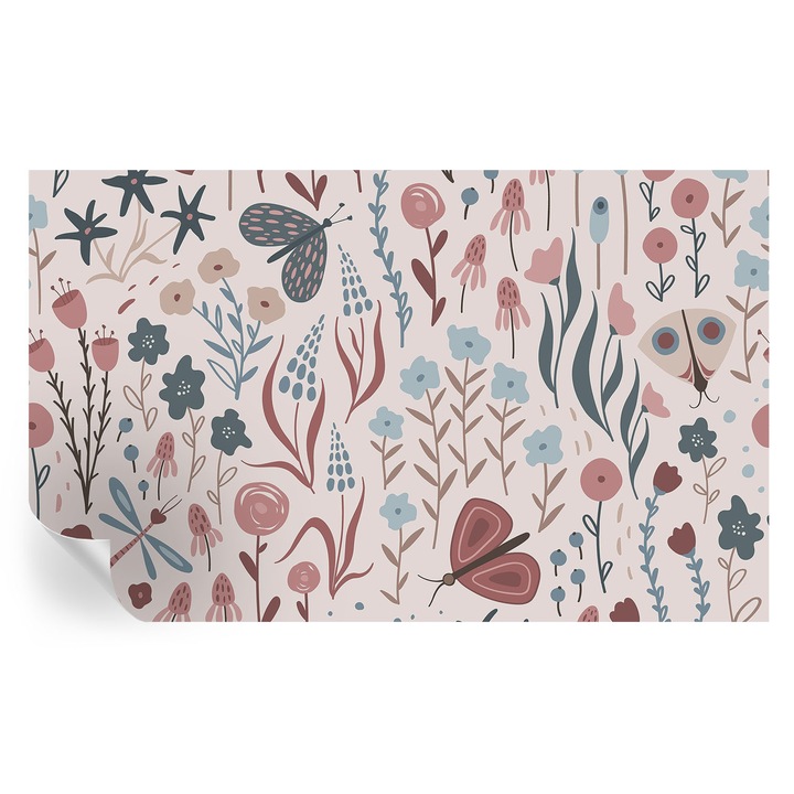 Tapet Textil Autocolant, Tulup, Flori insecte, Roz, 416 x 254 cm, Decorativ, Usor De Curatat, 010170060070000285199