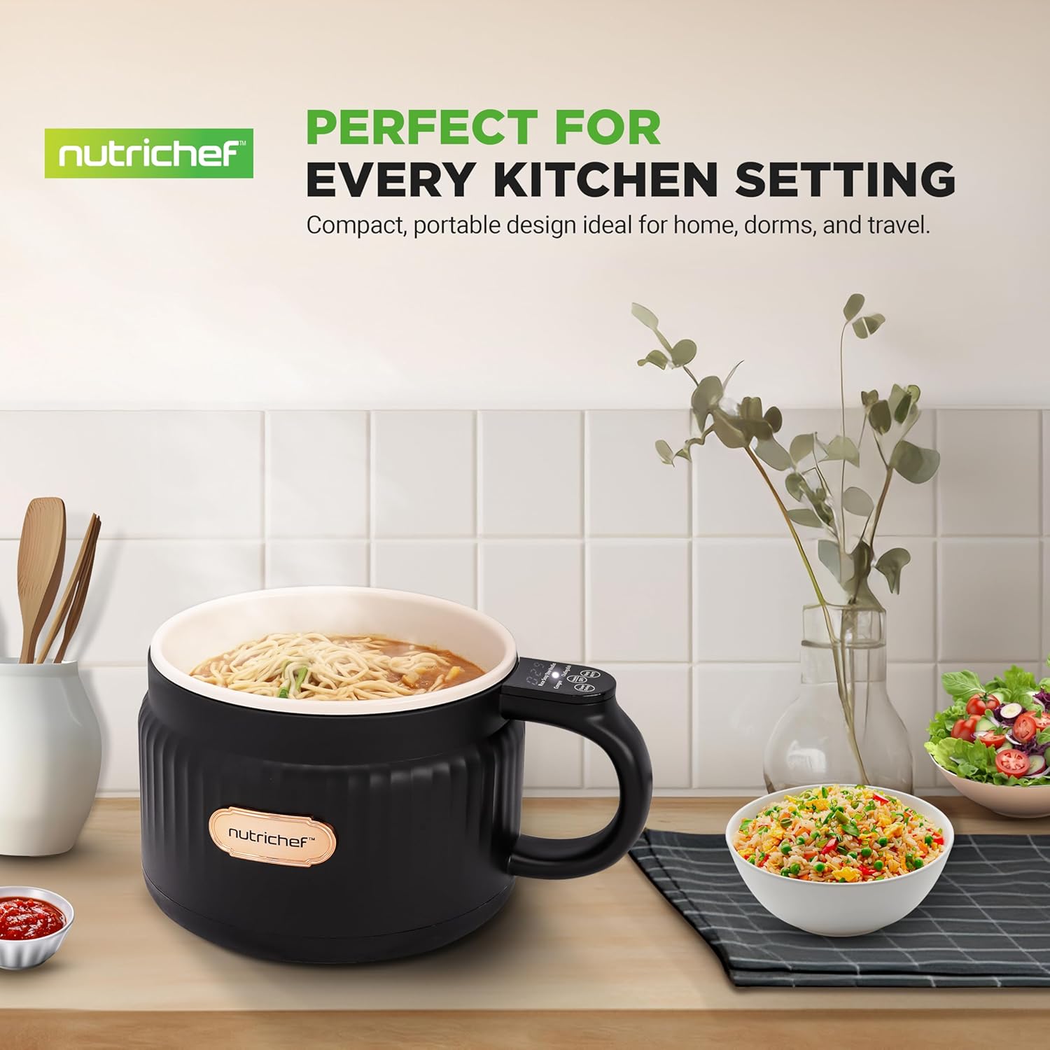 Aragaz electric portabil NutriChef, 1.6 QT, 6 functii de gatit, negru, cu capac ceramic antiaderent