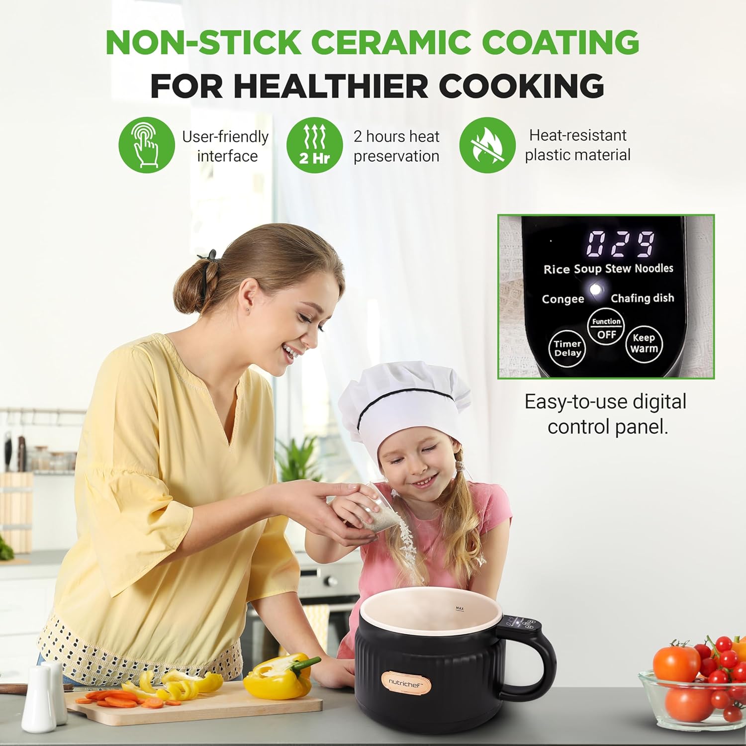 Aragaz electric portabil NutriChef, 1.6 QT, 6 functii de gatit, negru, cu capac ceramic antiaderent