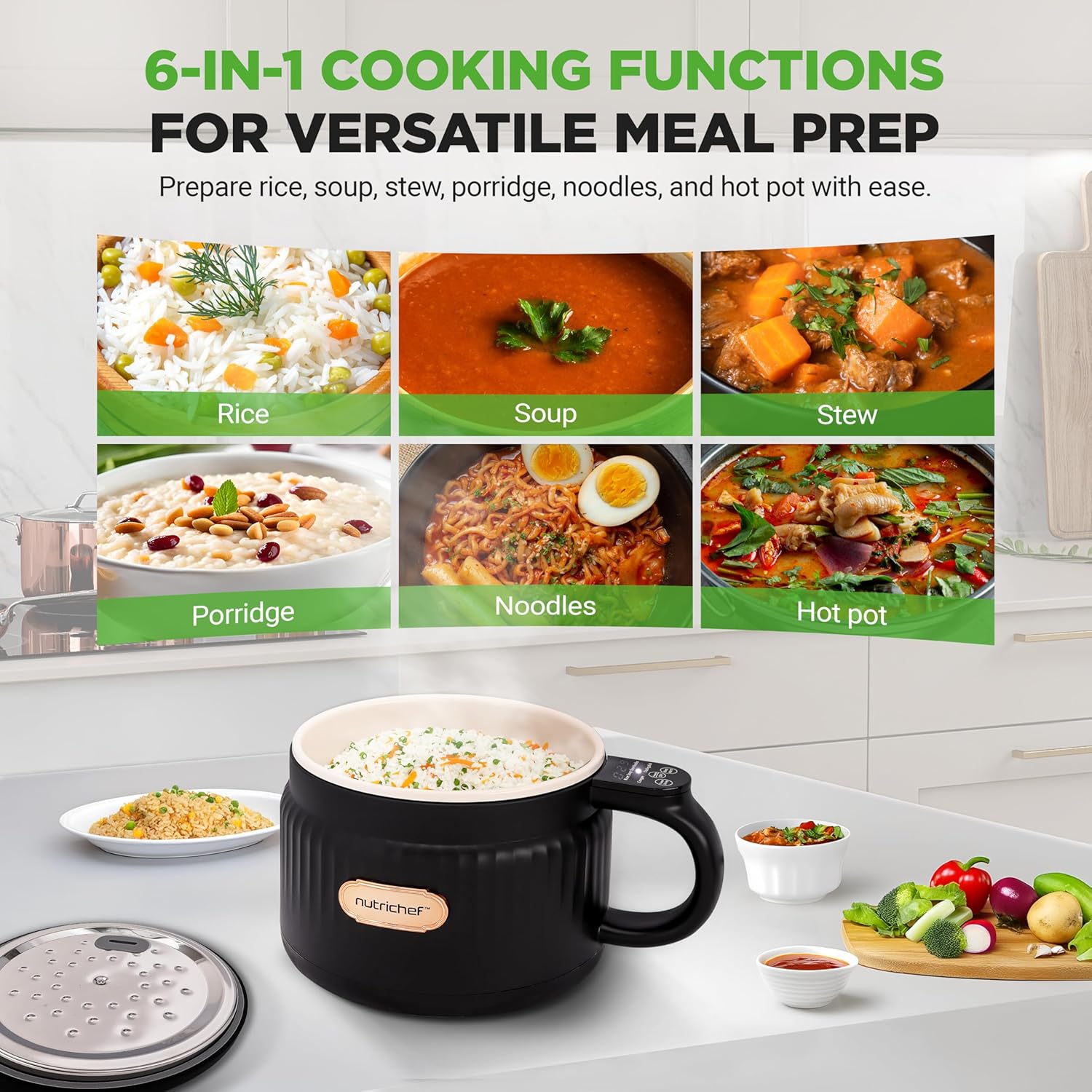 Aragaz electric portabil NutriChef, 1.6 QT, 6 functii de gatit, negru, cu capac ceramic antiaderent