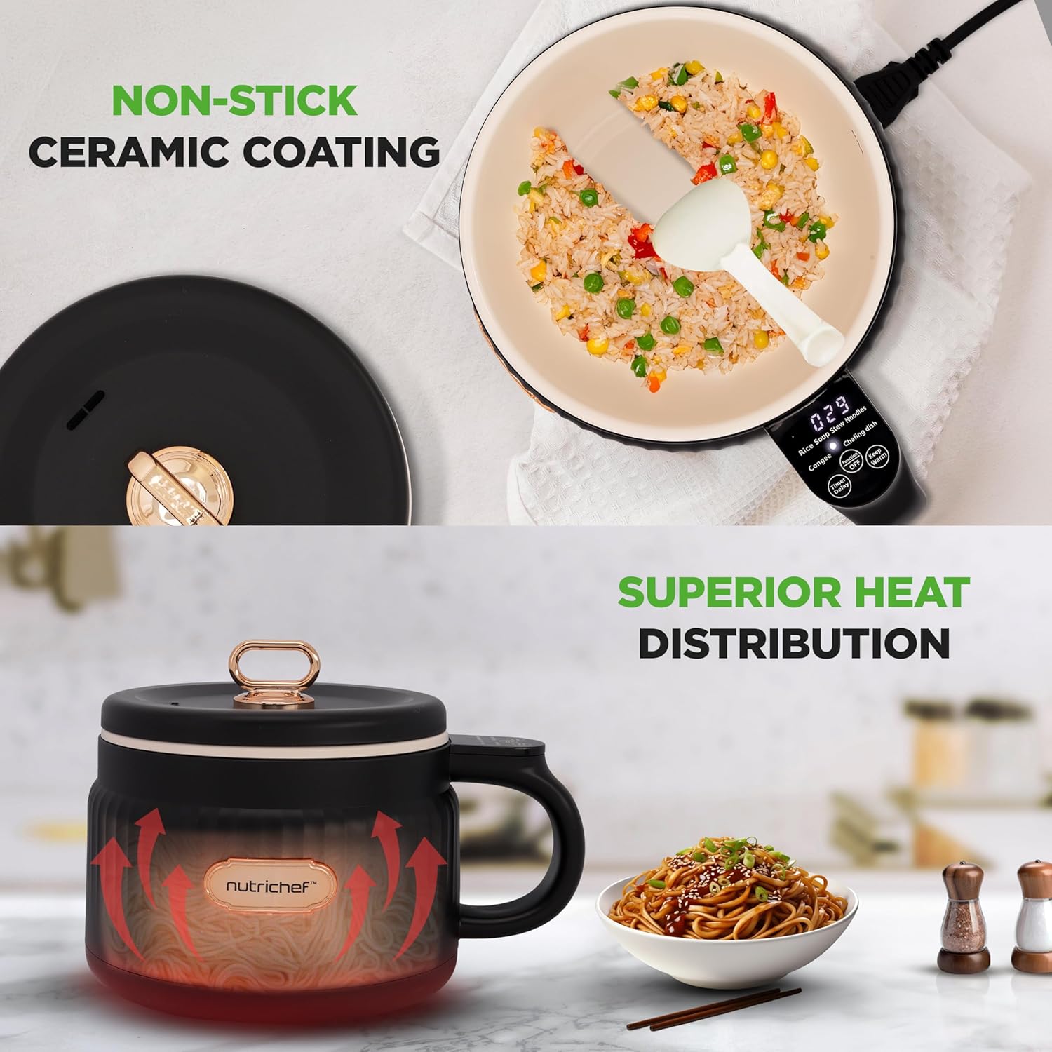 Aragaz electric portabil NutriChef, 1.6 QT, 6 functii de gatit, negru, cu capac ceramic antiaderent