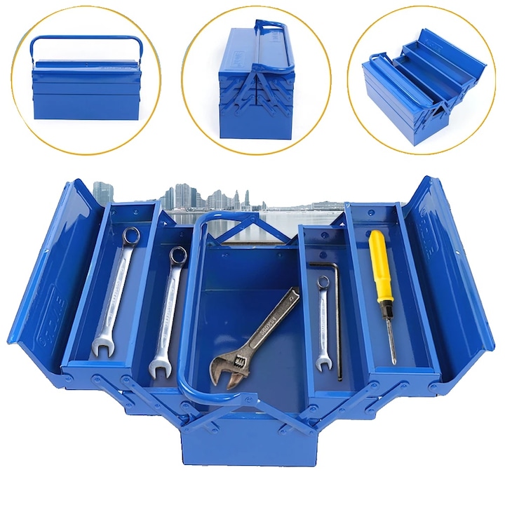 Szerszámosláda, kék, 400x200x210 mm, 1 fő rekesz, 2 kihúzható rekesz