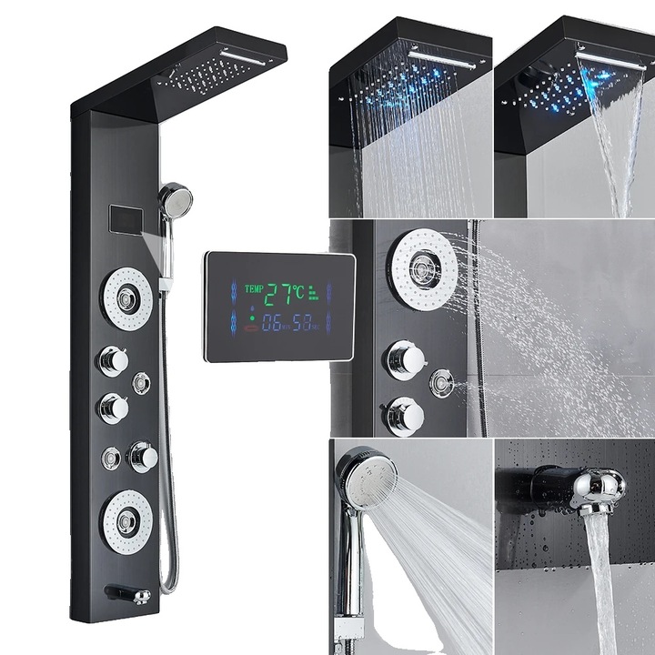 Coloana de dus, panou cu spray corporal, dus de mana cu display LED, negru, 8006