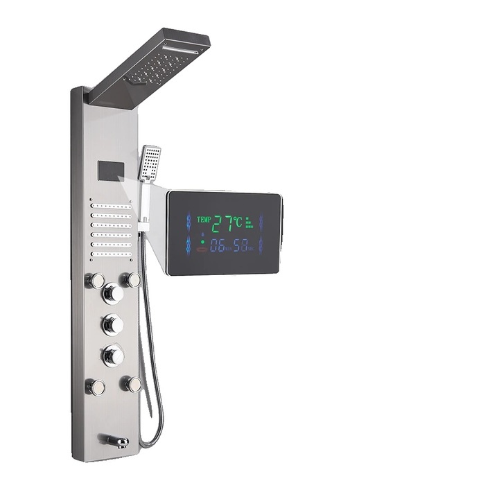 Zuhanyoszlop, zuhanypanel, kézi zuhany LED kijelzővel, szálcsiszolt rozsdamentes acél, könnyű összeszerelés