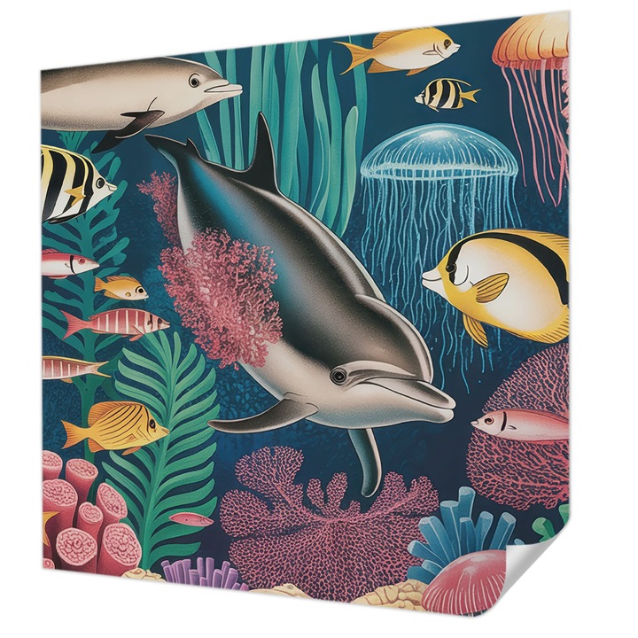 Öntapadós Tapéta Falra, Wallfluent, Víz alatti állatvilág, Tengerészkék, 250 x 250 cm, Dekoráció, Klasszikus, 010170060030000284728