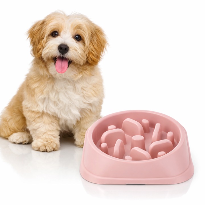 Alimentator Lent pentru Animale Macvi®, Bol Antiderapant Hranire Lenta pentru Caini si Pisici Design Interior AntiInghitire Material Sigur Usor de Curatat Rezistent, Roz