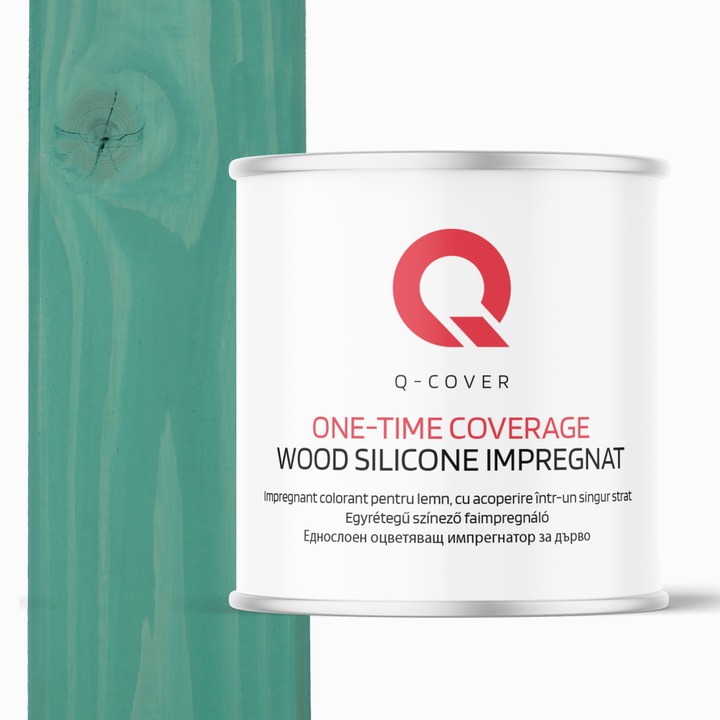 Impregnant colorant pentru lemn, cu vopsire intr-un singur strat, Q-Cover, Turcoaz H1441, pentru exterior, pe baza de apa, prietenos cu mediul, usor de aplicat, foarte eficient, rezistent la murdarie, culori durabile, rezistente la UV, 2.5L