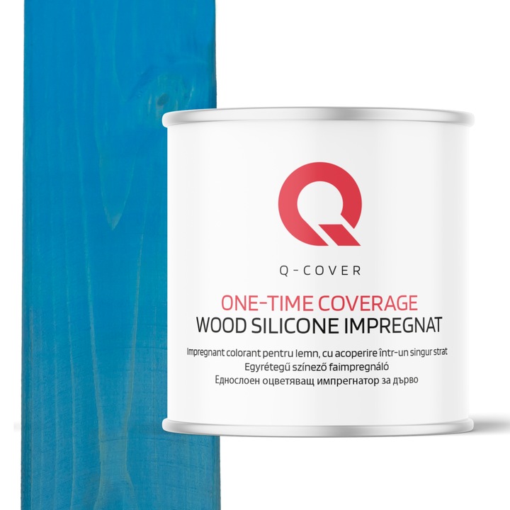 Impregnant colorant pentru lemn, cu vopsire intr-un singur strat, Q-Cover, Bleu D110, pentru exterior, pe baza de apa, prietenos cu mediul, usor de aplicat, foarte eficient, rezistent la murdarie, culori durabile, rezistente la UV, 2.5L