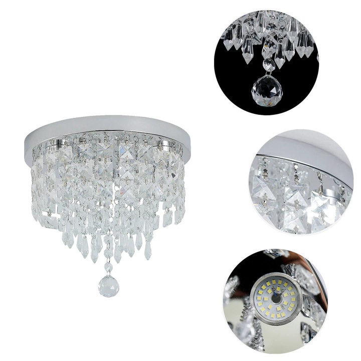 Modern mennyezeti lámpa, C250-BG, hideg fehér, rozsdamentes acélból és kristályból, 1 fényforrás