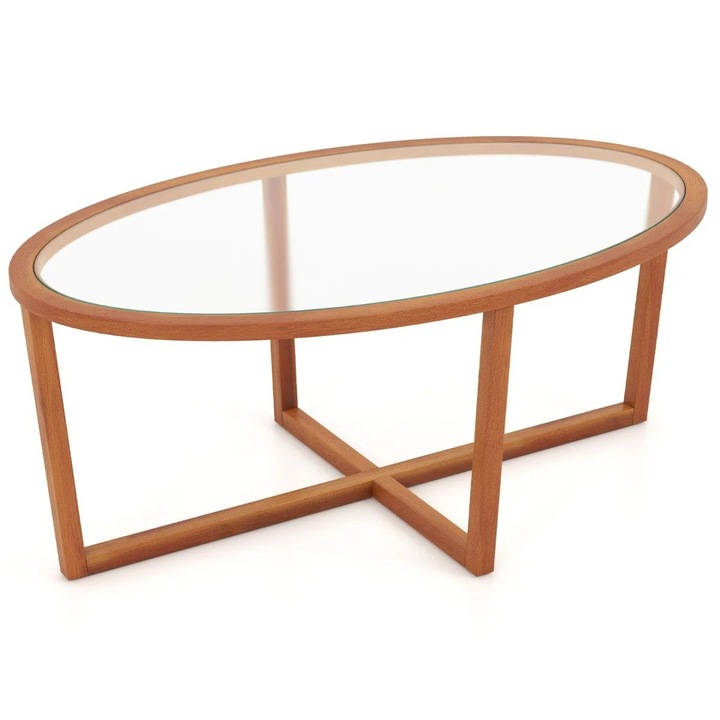 Стъклена масичка за кафе с кръстосана основа и крака от акациево дърво
