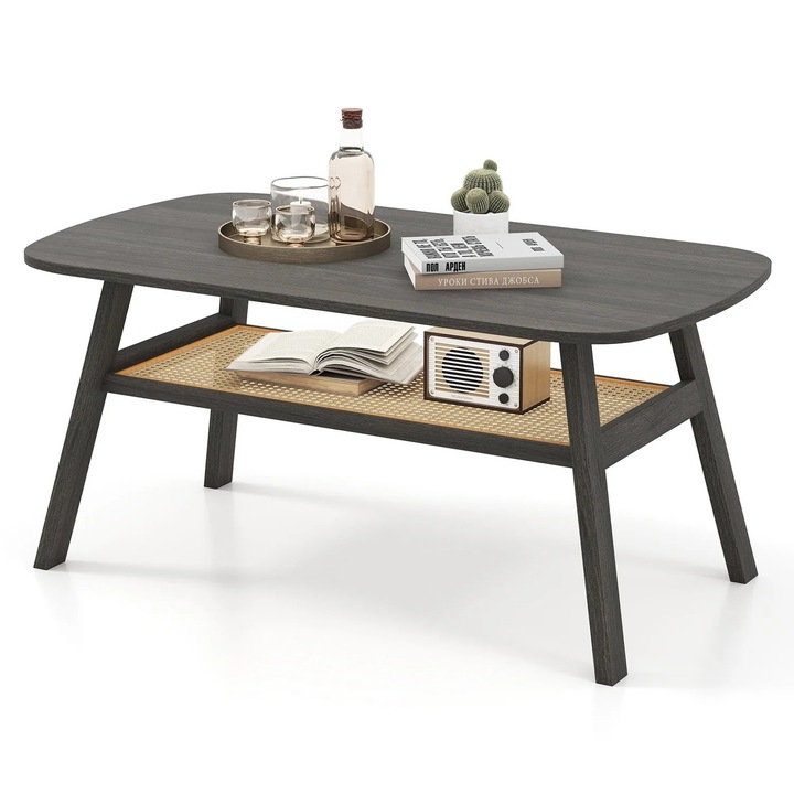 Masuta de cafea din lemn cu raft din ratan