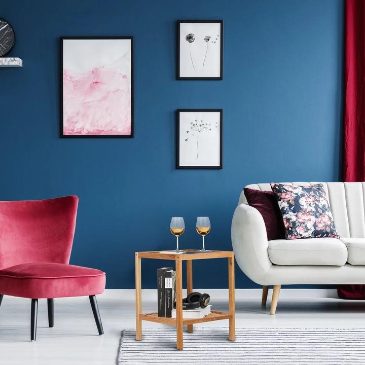 Masuta de cafea din nuc cu blat din sticla, rafturi