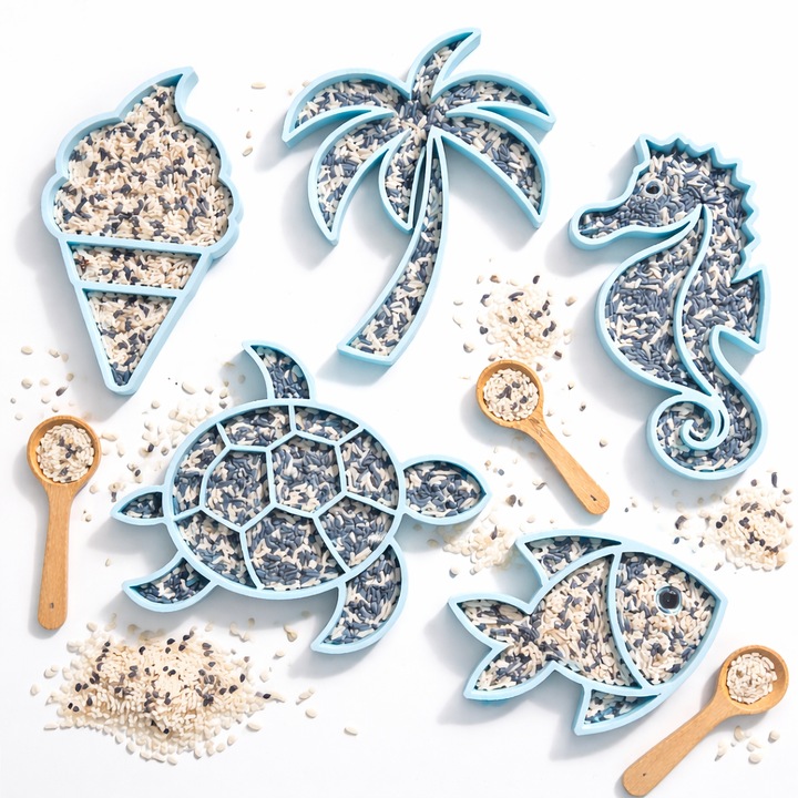 Set joaca senzoriala vara 5 tavite (broasca testoasa, calut de mare, peste, inghetata, palmier), joaca Montessori open ended, printate 3D, copii, baieti si fetite, PLA, jocuri educative copii