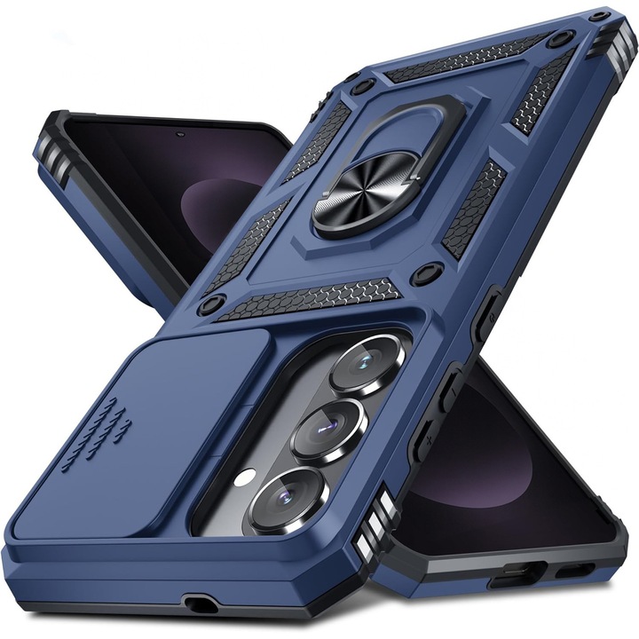 Husa pentru Samsung Galaxy S26 cu inel rotativ 360 Daden, Camshield series, Hybrid Antisoc, Slider pentru protectia camerei, Albastru