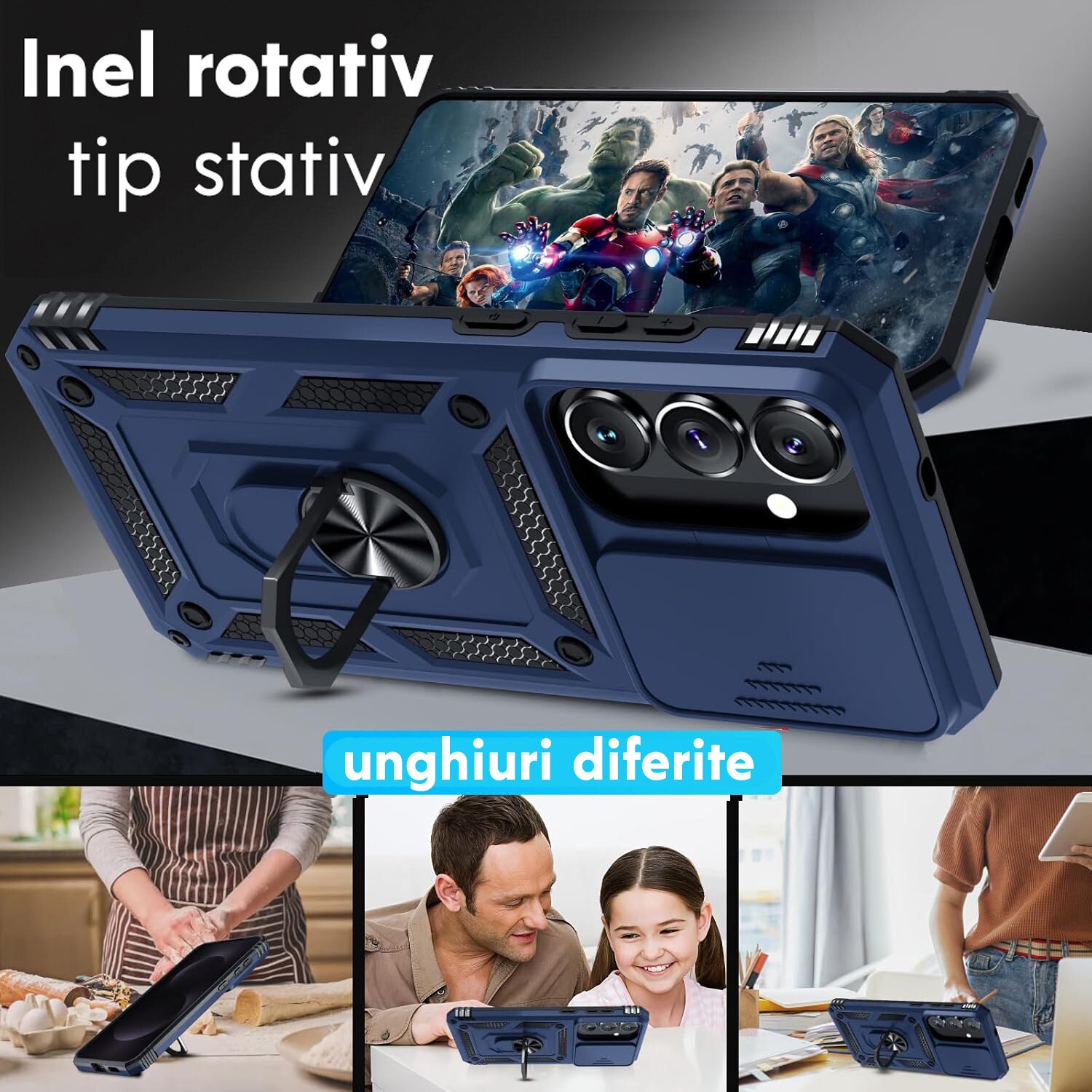 Husa pentru Samsung Galaxy S26 cu inel rotativ 360 Daden, Camshield series, Hybrid Antisoc, Slider pentru protectia camerei, Albastru