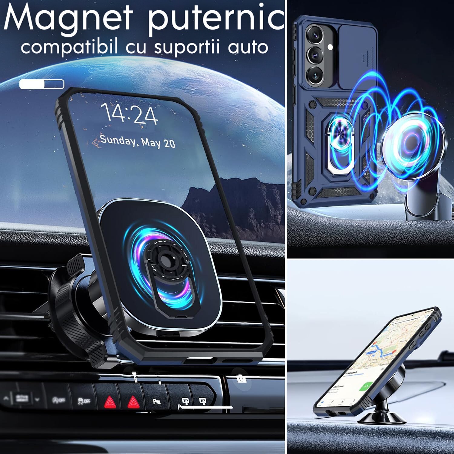 Husa pentru Samsung Galaxy S26 cu inel rotativ 360 Daden, Camshield series, Hybrid Antisoc, Slider pentru protectia camerei, Albastru