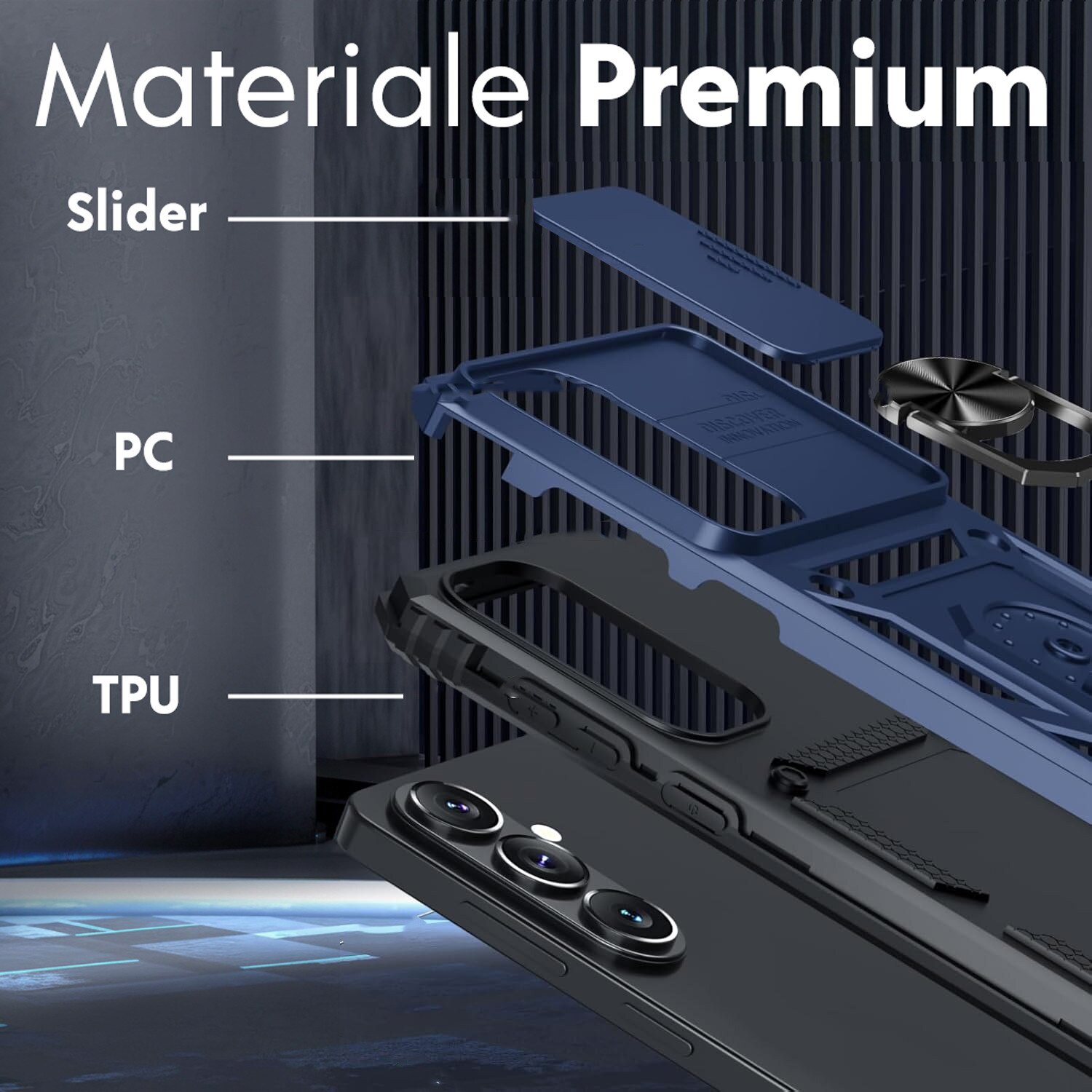 Husa pentru Samsung Galaxy S26 cu inel rotativ 360 Daden, Camshield series, Hybrid Antisoc, Slider pentru protectia camerei, Albastru