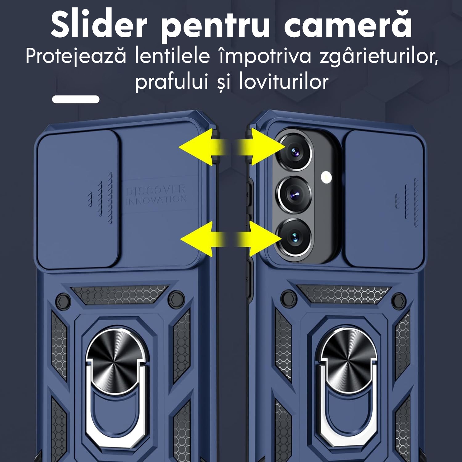 Husa pentru Samsung Galaxy S26 cu inel rotativ 360 Daden, Camshield series, Hybrid Antisoc, Slider pentru protectia camerei, Albastru