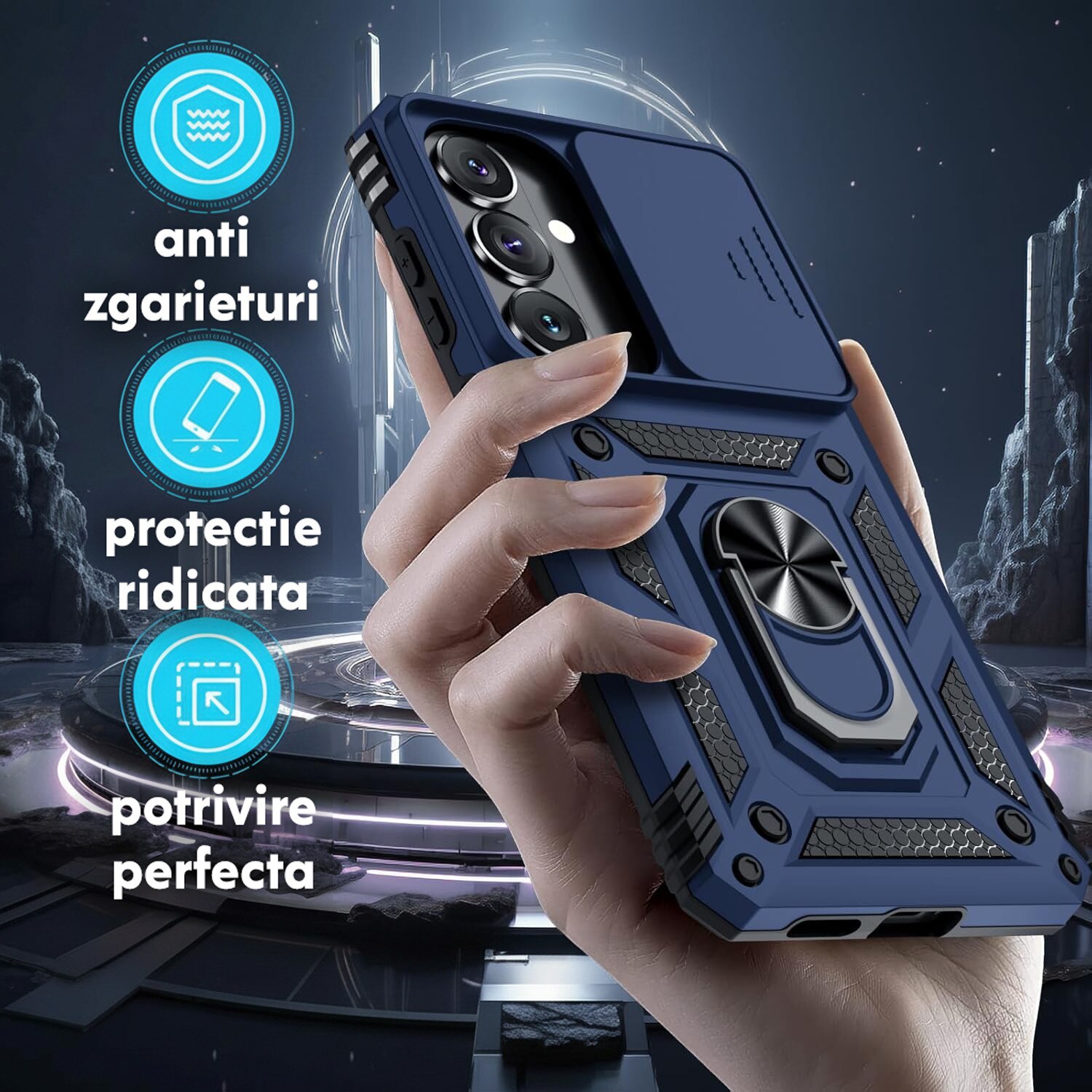 Husa pentru Samsung Galaxy S26 cu inel rotativ 360 Daden, Camshield series, Hybrid Antisoc, Slider pentru protectia camerei, Albastru
