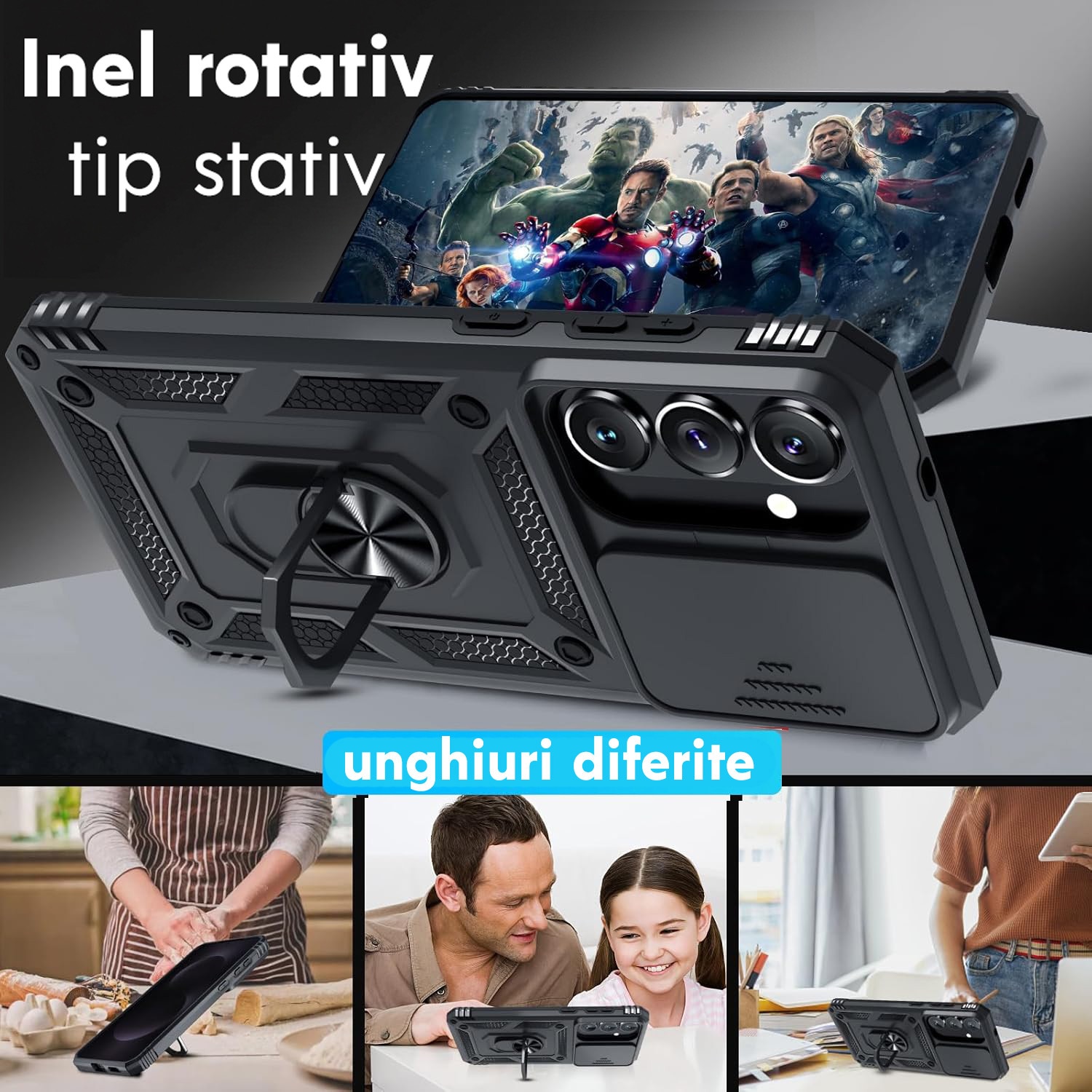 Husa pentru Samsung Galaxy S26 Plus cu inel rotativ 360 Daden, Camshield series, Hybrid Antisoc, Slider pentru protectia camerei, Negru