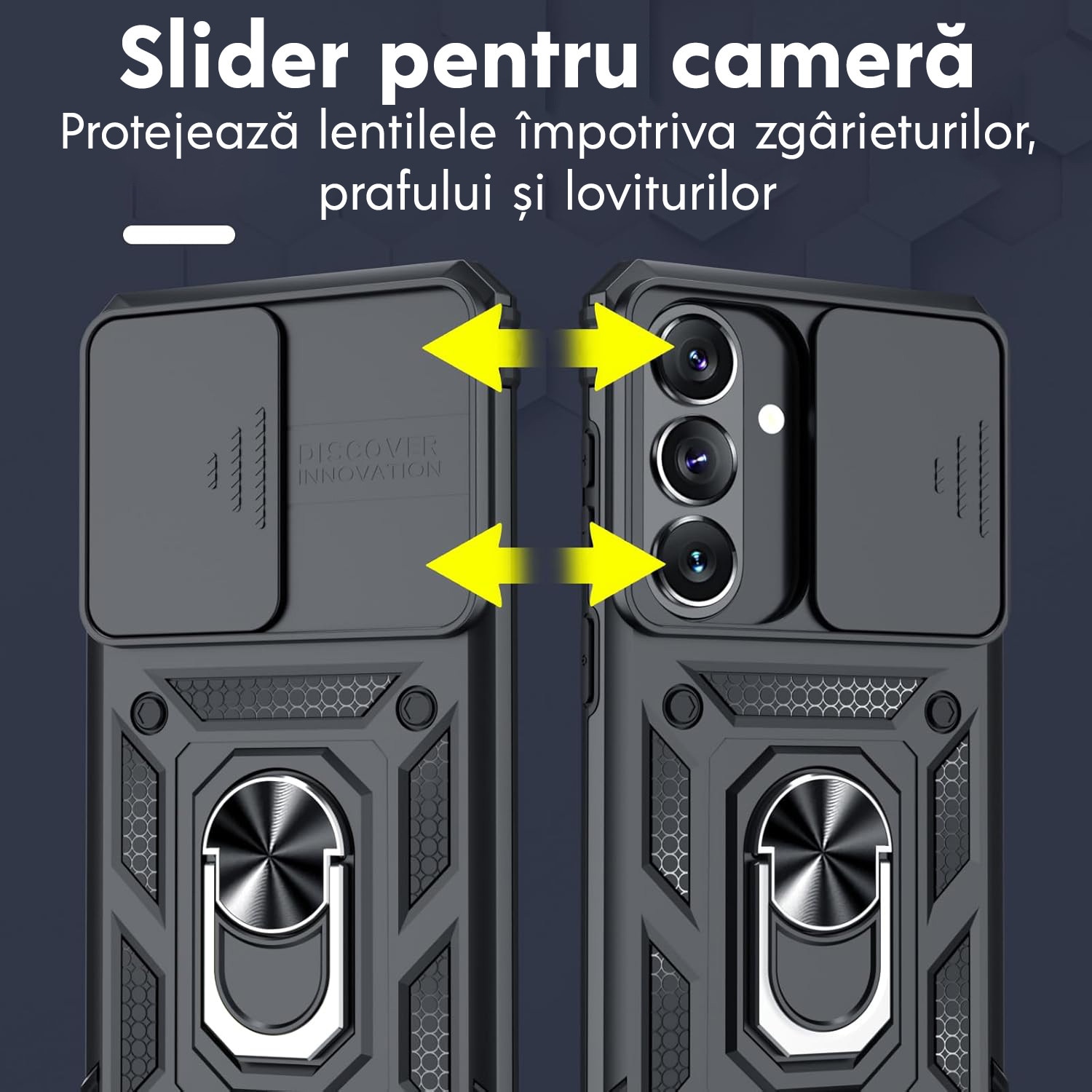 Husa pentru Samsung Galaxy S26 Plus cu inel rotativ 360 Daden, Camshield series, Hybrid Antisoc, Slider pentru protectia camerei, Negru