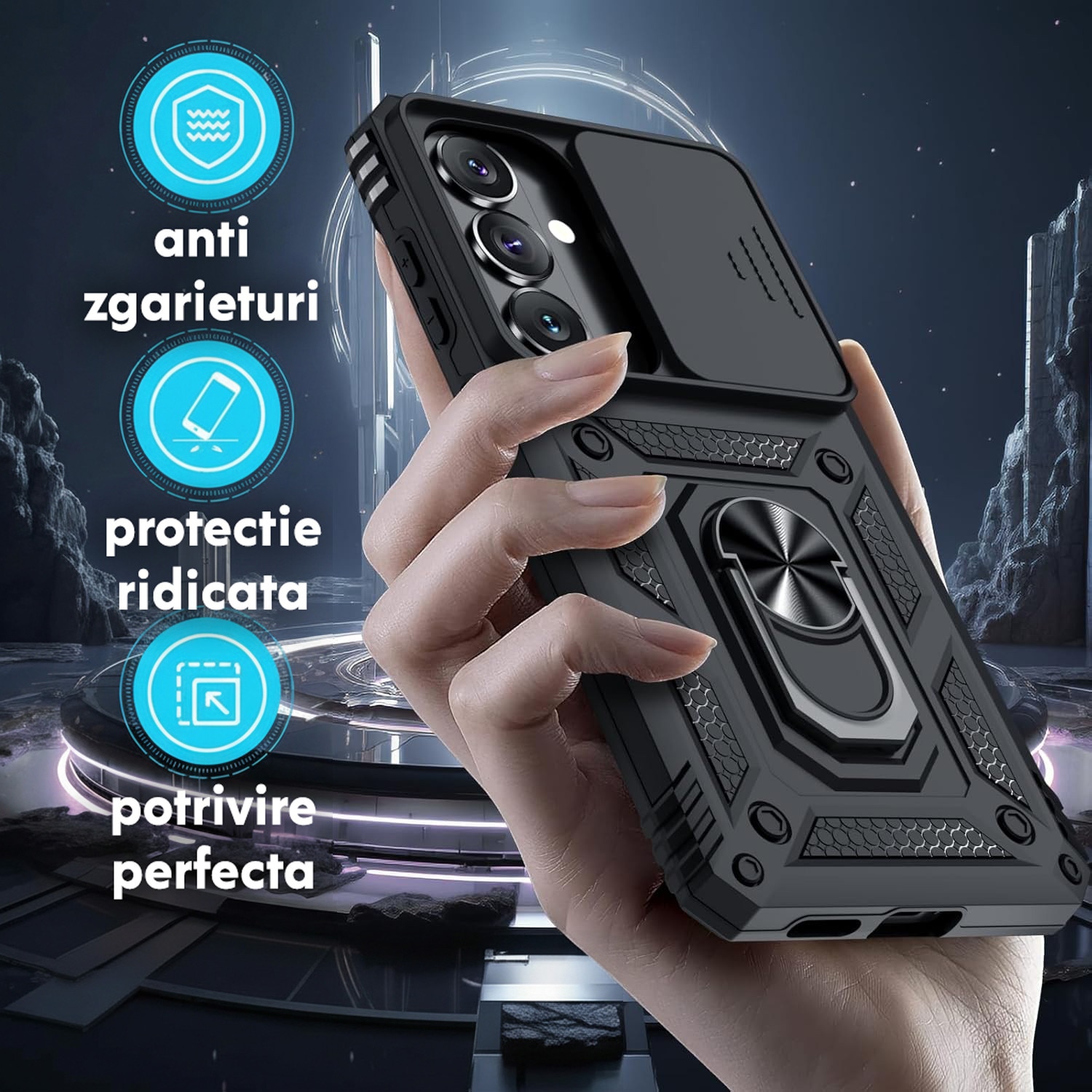Husa pentru Samsung Galaxy S26 Plus cu inel rotativ 360 Daden, Camshield series, Hybrid Antisoc, Slider pentru protectia camerei, Negru