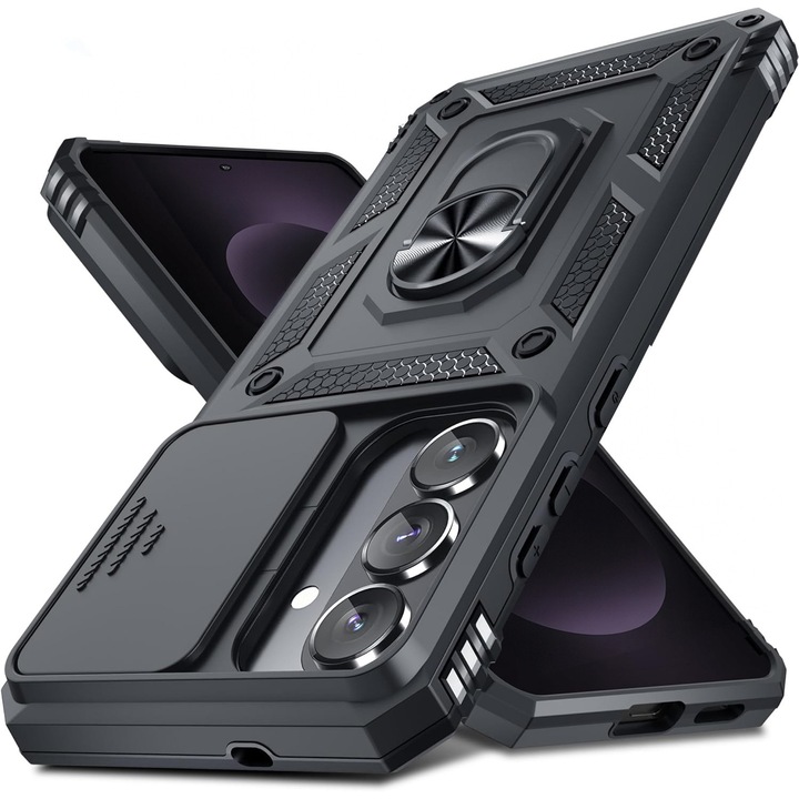 Husa pentru Samsung Galaxy S26 Plus cu inel rotativ 360 Daden, Camshield series, Hybrid Antisoc, Slider pentru protectia camerei, Negru