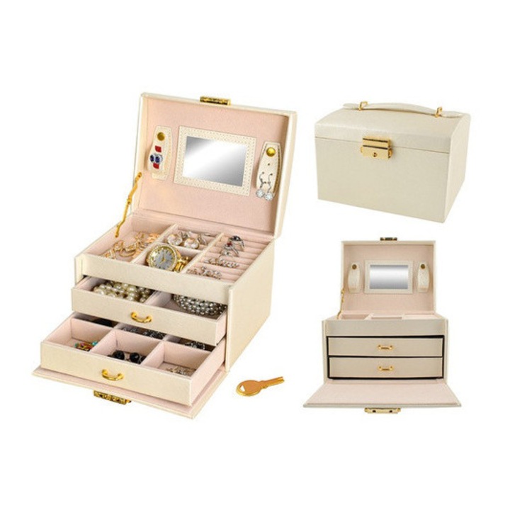Cutie bijuterii Jewelry Box Case, 4 compartimente, 17.5 x 14 x 12 cm, Piele ecologica, Bej