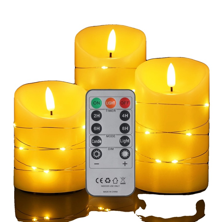 Комплект от 3 LED свещи, безпламъчен дизайн, дистанционно управление, цвят слонова кост, различни размери