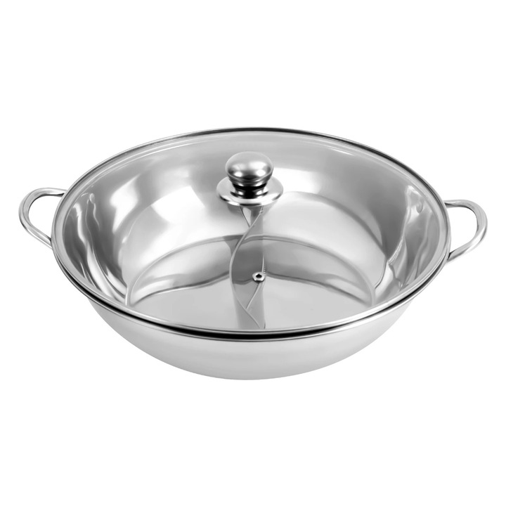 Oala Hot Pot, 34 cm, Otel inoxidabil, Cu separator/Dubla camera, Capac din sticla, Pentru plita si cuptor, Albastru
