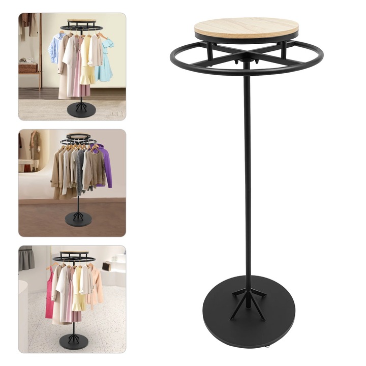 Suport haine rotativ, tevi de otel, rotatie 360°, negru, pentru magazin sau dressing