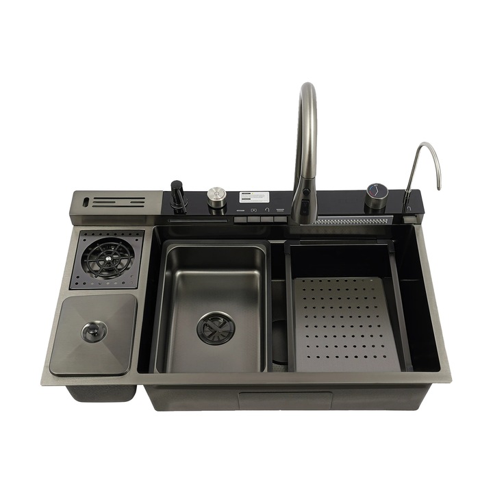 Chiuvetă bucătărie, un singur bol, cu robinet extensibil și accesorii incluse, gri închis