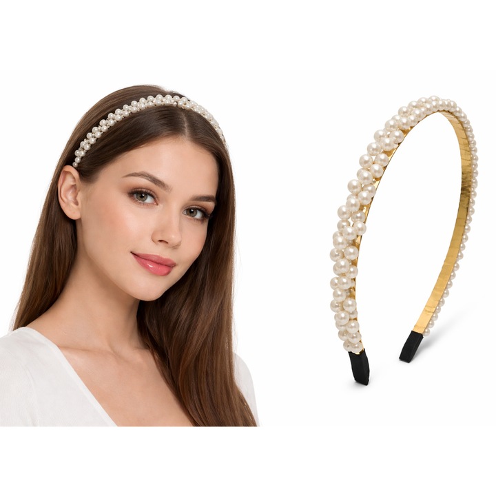 Cordeluta eleganta aurie cu perle, accesoriu de par pentru femei, potrivit pentru orice tip de par