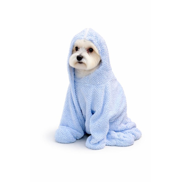 Halat absorbant BLANIK pentru caini cu gluga, prosop tip pelerina, material microfibra 6D cu uscare rapida, super absorbant, pentru talie mica si medie, albastru