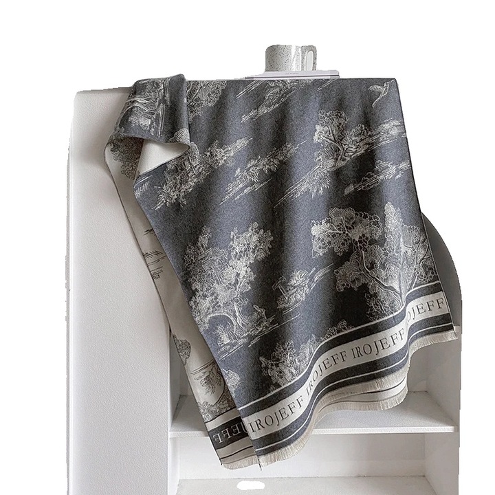 Esarfa tricotata, model floral, gri inchis, material poliester