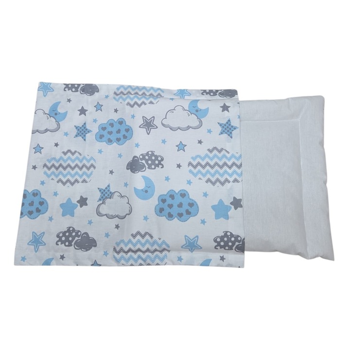 Set perna bebelusi 30x40x2 cm cu fata de perna, M503 Blue Cer cu Stele, inchidere tip plic, pentru carucior si cresa, Albatex Home
