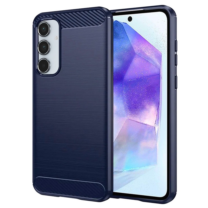 Husa Carbon pentru Samsung Galaxy A55 5G, Silicon TPU Durabil, Protectie sporita, Rezistenta la socuri, Grip Anti-Alunecare, Albastra