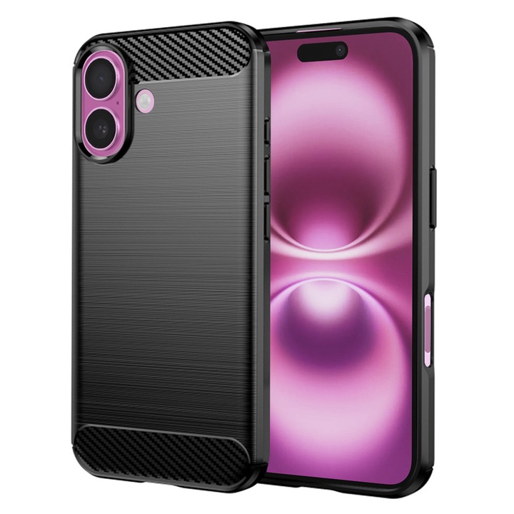 Husa Carbon pentru Apple iPhone 16 Plus, Silicon TPU Durabil, Protectie sporita, Rezistenta la socuri, Grip Anti-Alunecare, Neagra