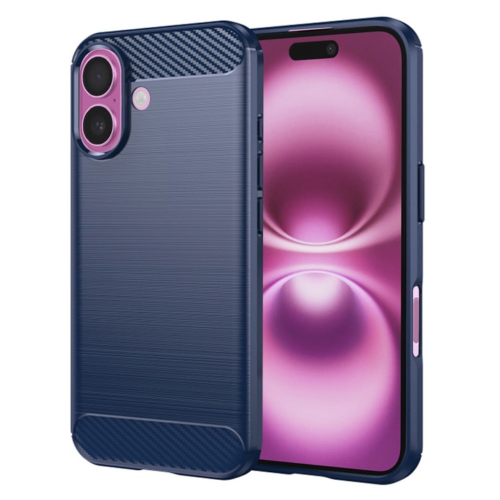 Husa Carbon pentru Apple iPhone 16 Plus, Silicon TPU Durabil, Protectie sporita, Rezistenta la socuri, Grip Anti-Alunecare, Albastra