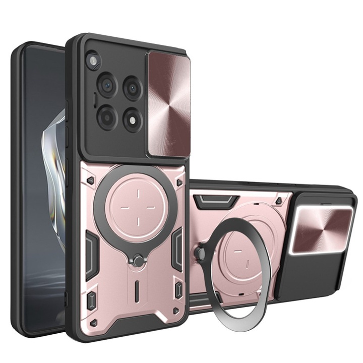 Husa LensCover KickStand pentru OnePlus 12R, Inel Magnetic, Strong Shock Absortion, Design Fusion Protect, Drop Protection, Roz