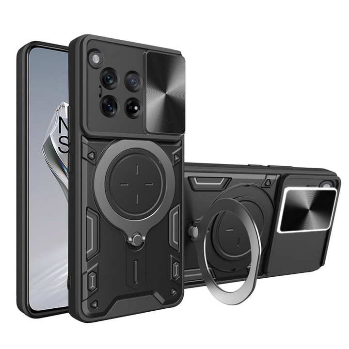 Husa LensCover KickStand pentru OnePlus 12, Inel Magnetic, Strong Shock Absortion, Design Fusion Protect, Drop Protection, Negru
