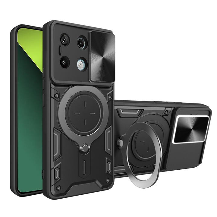 Husa LensCover KickStand pentru Xiaomi Redmi Note 13 Pro 5G / Poco X6, Inel Magnetic, Strong Shock Absortion, Design Fusion Protect, Drop Protection, Negru
