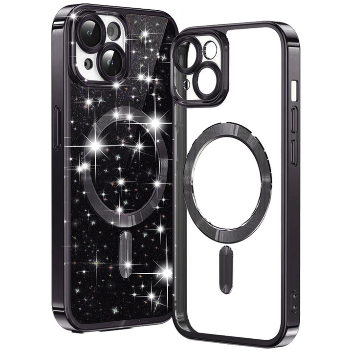 Husă telefon Techsuit MagSafe cu sclipici pentru iPhone 15 Plus, Negru, TPU